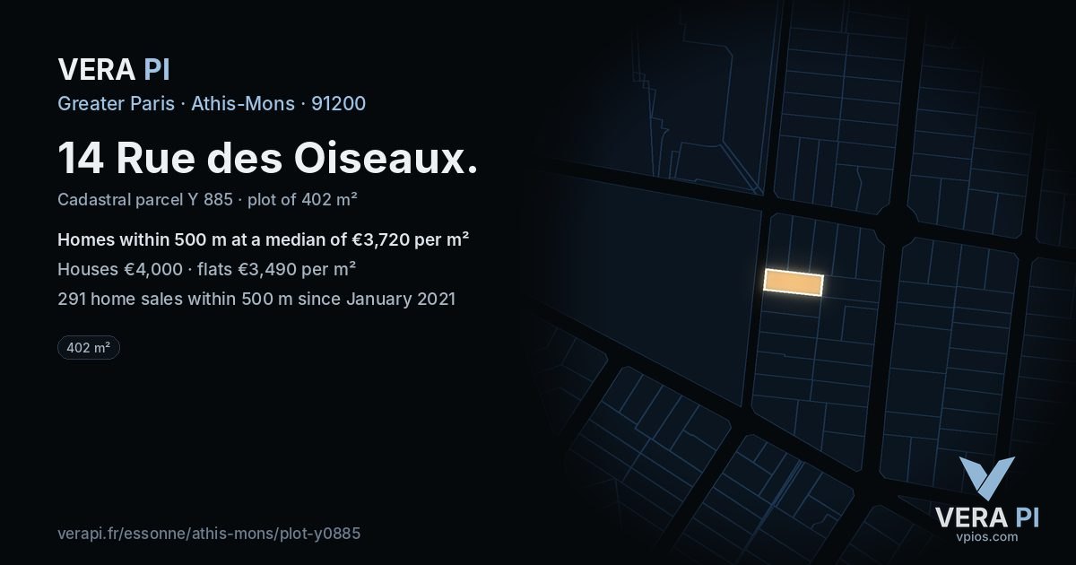 14 Rue des Oiseaux, Athis-Mons at night – the plot lit, the parcels around coloured by the prices near them