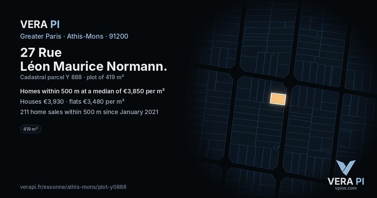 27 Rue Léon Maurice Normann, Athis-Mons at night – the plot lit, the parcels around coloured by the prices near them