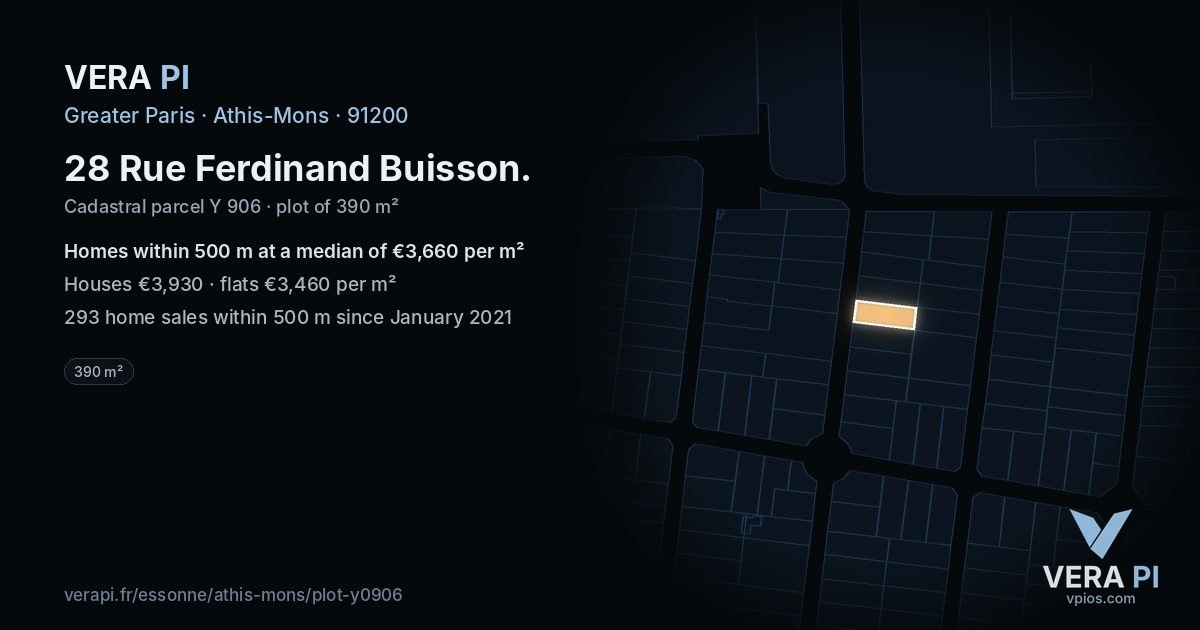 28 Rue Ferdinand Buisson, Athis-Mons at night – the plot lit, the parcels around coloured by the prices near them