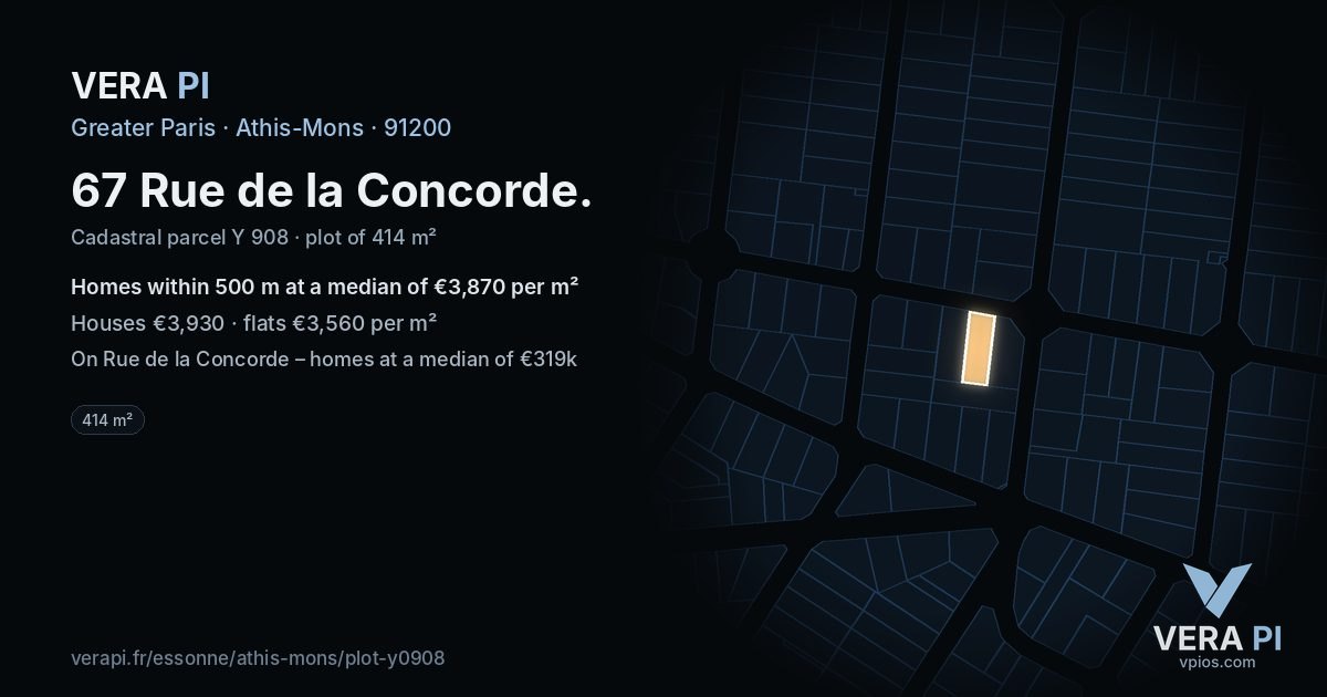 67 Rue de la Concorde, Athis-Mons at night – the plot lit, the parcels around coloured by the prices near them