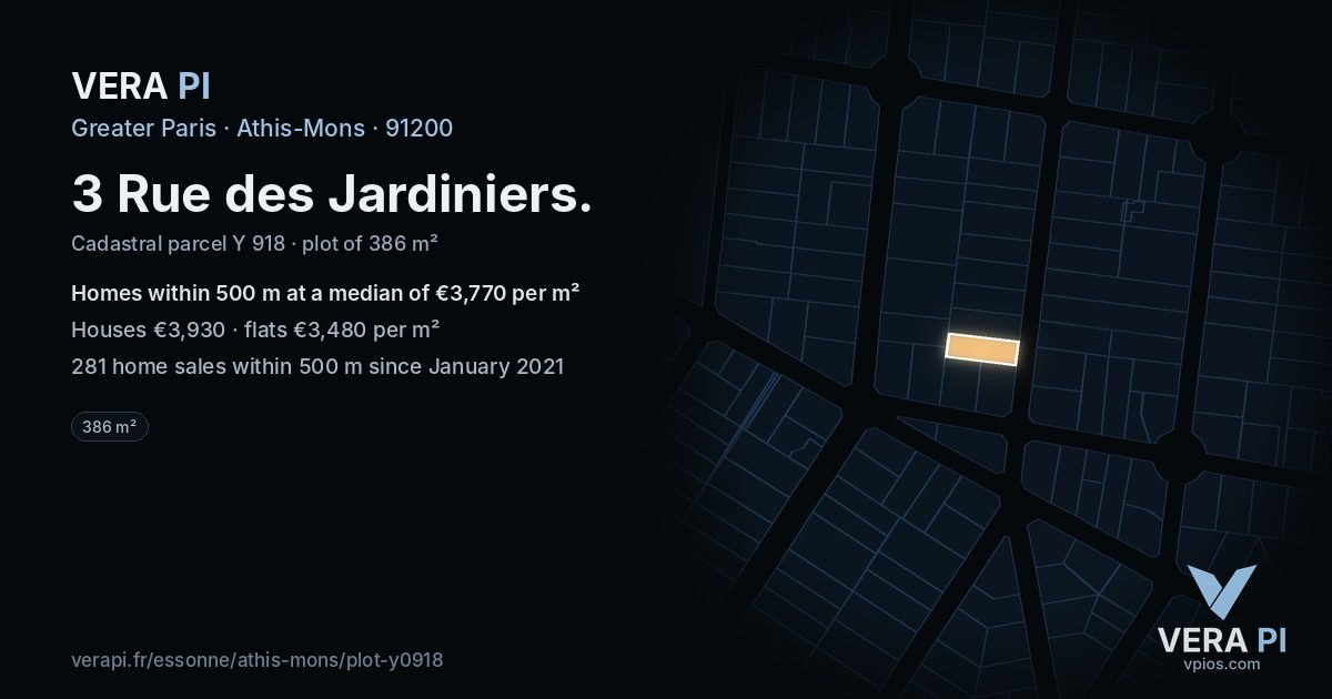3 Rue des Jardiniers, Athis-Mons at night – the plot lit, the parcels around coloured by the prices near them