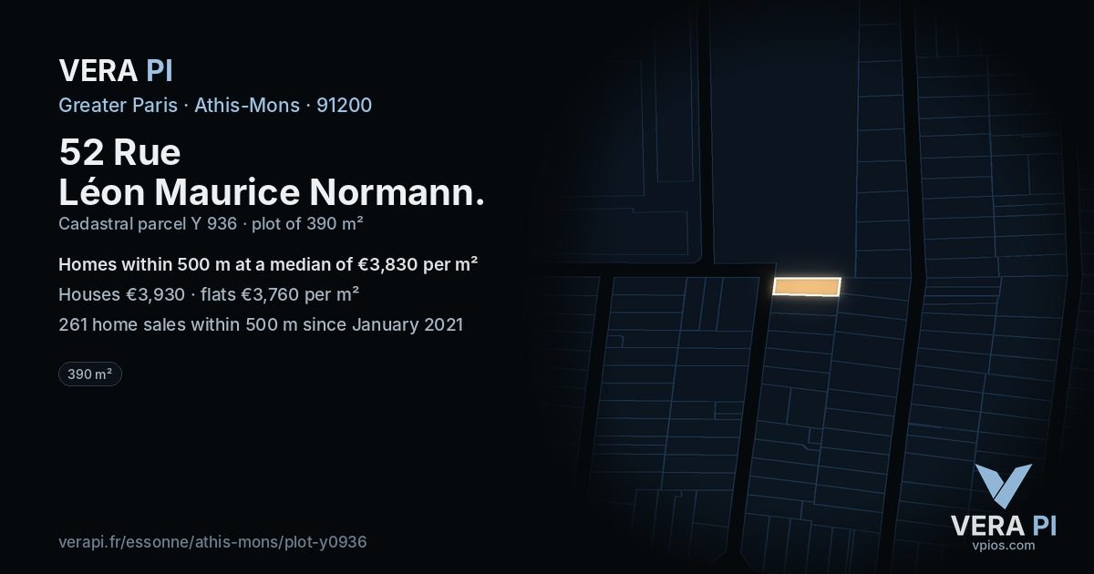 52 Rue Léon Maurice Normann, Athis-Mons at night – the plot lit, the parcels around coloured by the prices near them