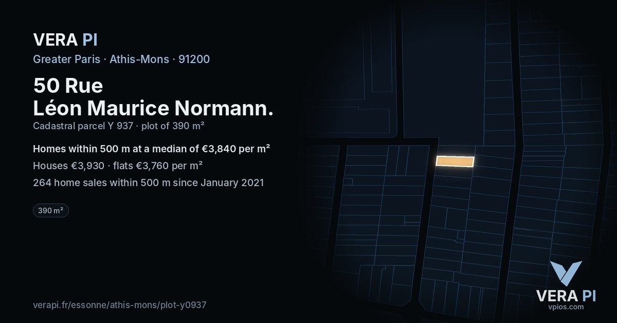 50 Rue Léon Maurice Normann, Athis-Mons at night – the plot lit, the parcels around coloured by the prices near them
