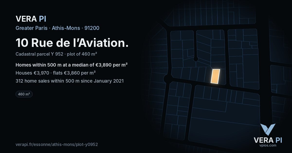 10 Rue de l’Aviation, Athis-Mons at night – the plot lit, the parcels around coloured by the prices near them