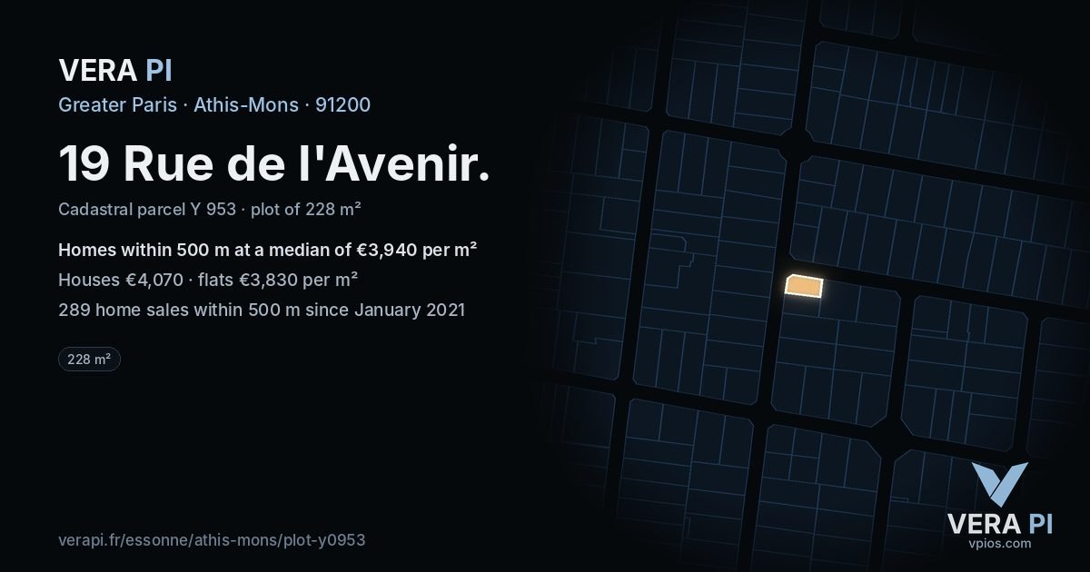 19 Rue de l'Avenir, Athis-Mons at night – the plot lit, the parcels around coloured by the prices near them