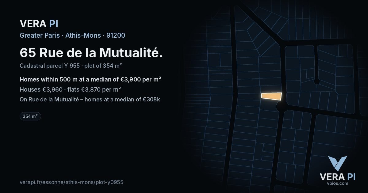 65 Rue de la Mutualité, Athis-Mons at night – the plot lit, the parcels around coloured by the prices near them