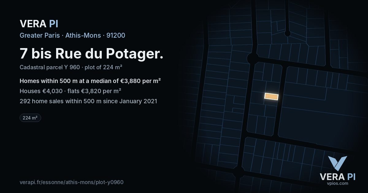 7 bis Rue du Potager, Athis-Mons at night – the plot lit, the parcels around coloured by the prices near them