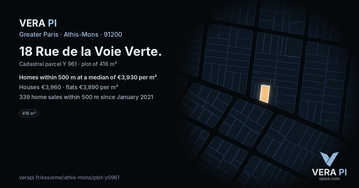 18 Rue de la Voie Verte, Athis-Mons at night – the plot lit, the parcels around coloured by the prices near them