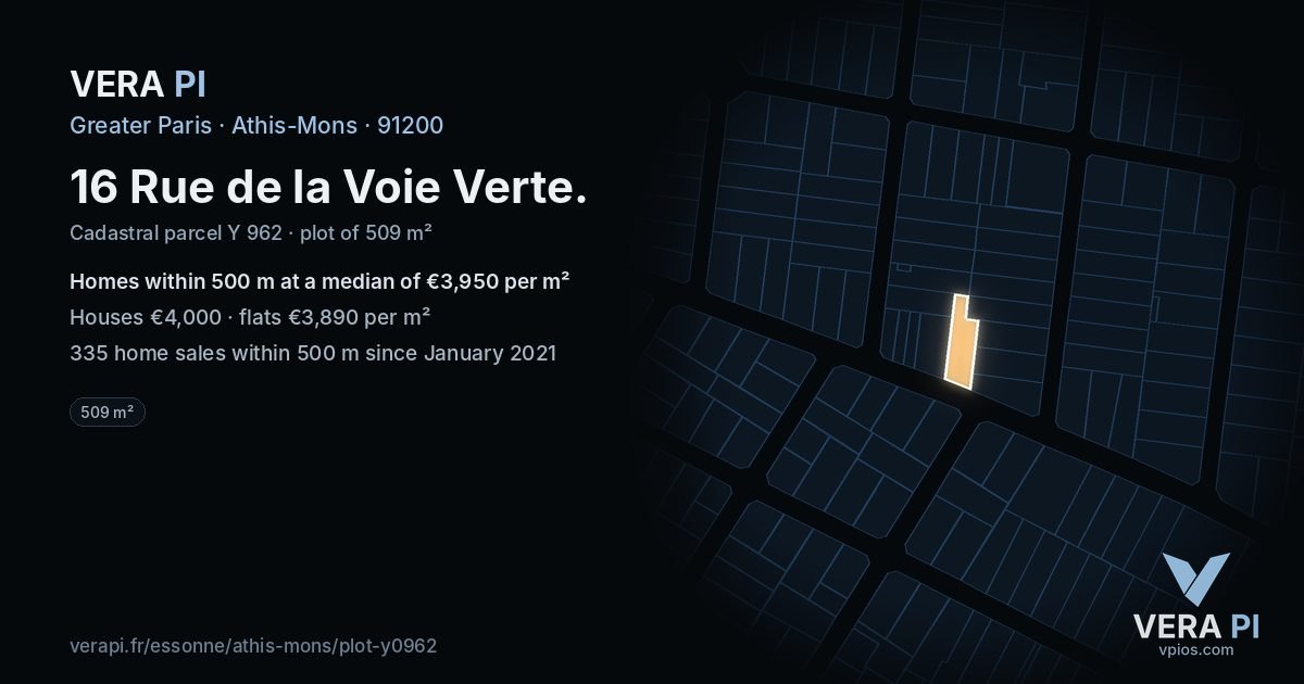 16 Rue de la Voie Verte, Athis-Mons at night – the plot lit, the parcels around coloured by the prices near them