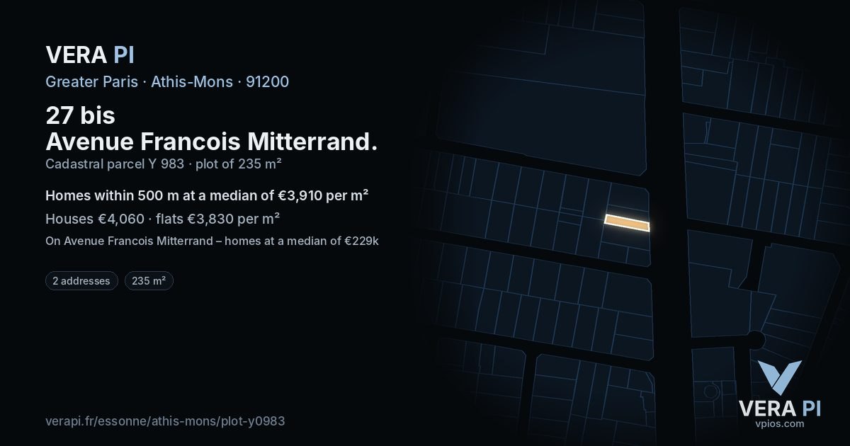 27 bis Avenue Francois Mitterrand, Athis-Mons at night – the plot lit, the parcels around coloured by the prices near them