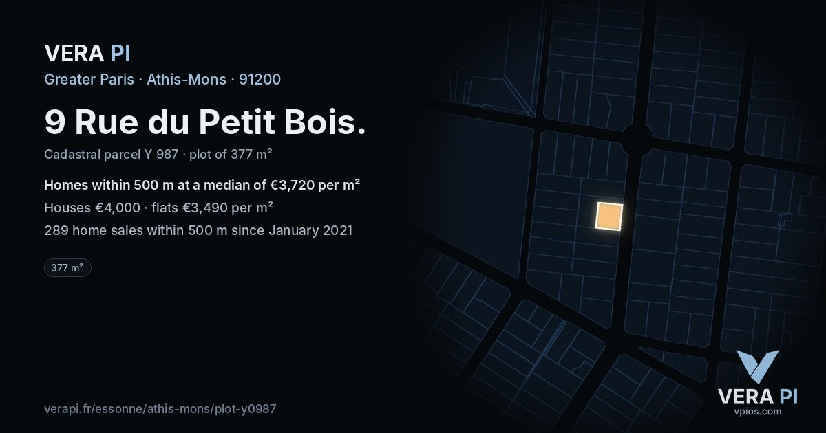 9 Rue du Petit Bois, Athis-Mons at night – the plot lit, the parcels around coloured by the prices near them