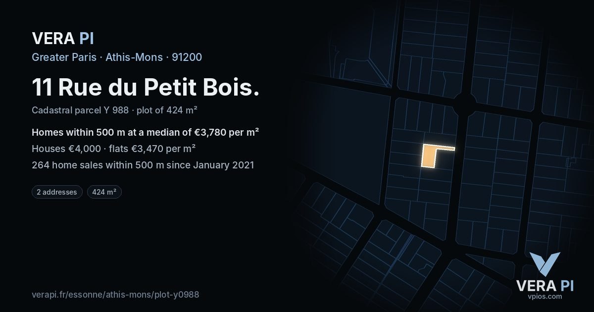 11 Rue du Petit Bois, Athis-Mons at night – the plot lit, the parcels around coloured by the prices near them
