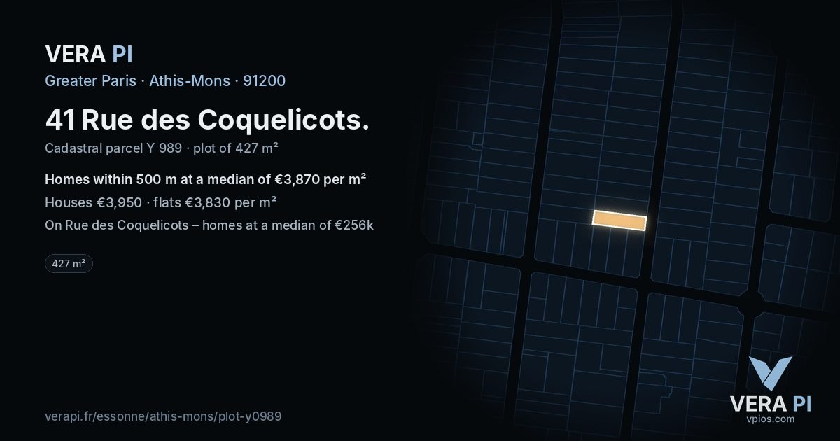 41 Rue des Coquelicots, Athis-Mons at night – the plot lit, the parcels around coloured by the prices near them