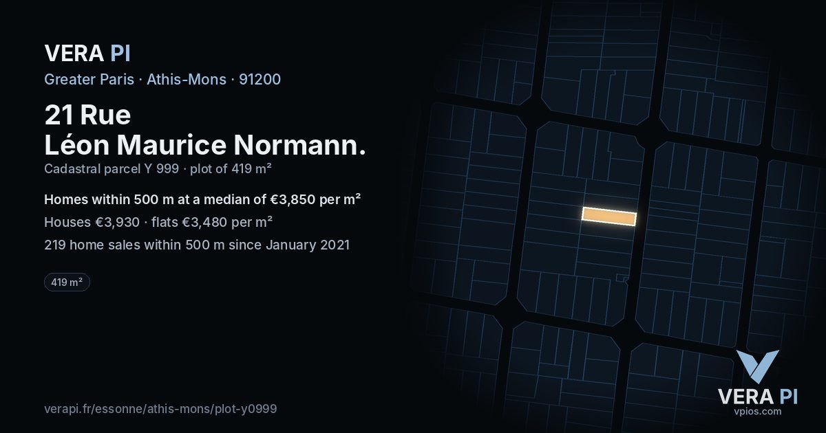 21 Rue Léon Maurice Normann, Athis-Mons at night – the plot lit, the parcels around coloured by the prices near them