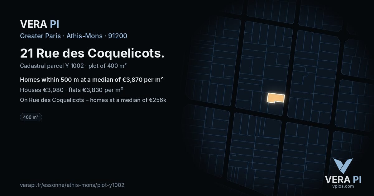 21 Rue des Coquelicots, Athis-Mons at night – the plot lit, the parcels around coloured by the prices near them