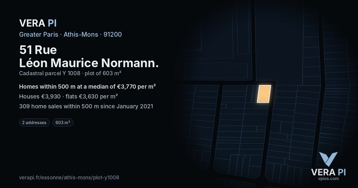 51 Rue Léon Maurice Normann, Athis-Mons at night – the plot lit, the parcels around coloured by the prices near them
