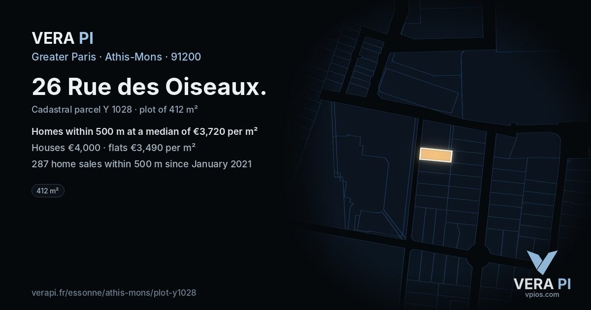 26 Rue des Oiseaux, Athis-Mons at night – the plot lit, the parcels around coloured by the prices near them