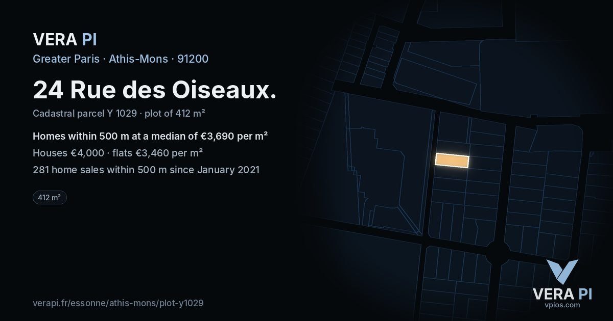 24 Rue des Oiseaux, Athis-Mons at night – the plot lit, the parcels around coloured by the prices near them