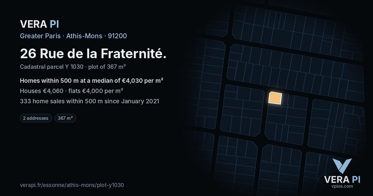 26 Rue de la Fraternité, Athis-Mons at night – the plot lit, the parcels around coloured by the prices near them