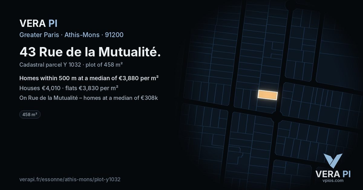 43 Rue de la Mutualité, Athis-Mons at night – the plot lit, the parcels around coloured by the prices near them