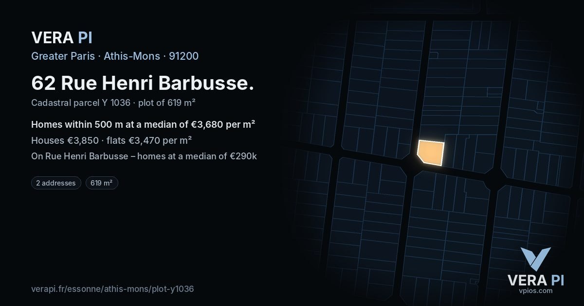 62 Rue Henri Barbusse, Athis-Mons at night – the plot lit, the parcels around coloured by the prices near them