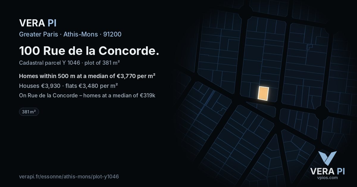 100 Rue de la Concorde, Athis-Mons at night – the plot lit, the parcels around coloured by the prices near them