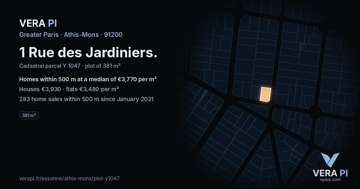 1 Rue des Jardiniers, Athis-Mons at night – the plot lit, the parcels around coloured by the prices near them