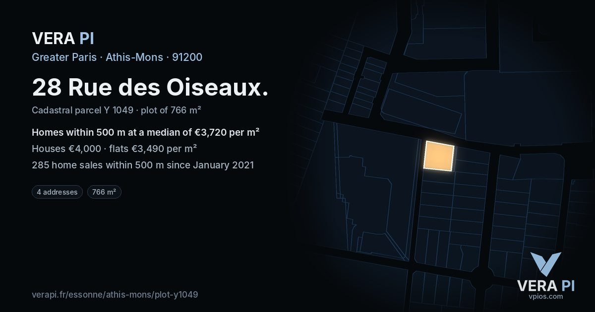 28 Rue des Oiseaux, Athis-Mons at night – the plot lit, the parcels around coloured by the prices near them