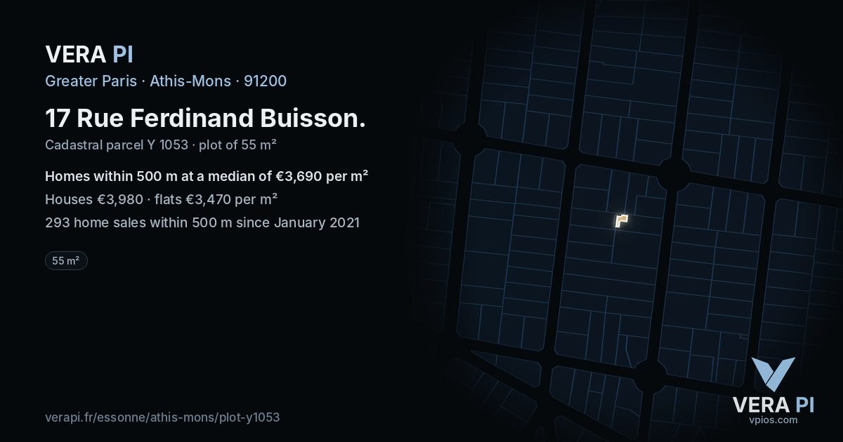 17 Rue Ferdinand Buisson, Athis-Mons at night – the plot lit, the parcels around coloured by the prices near them