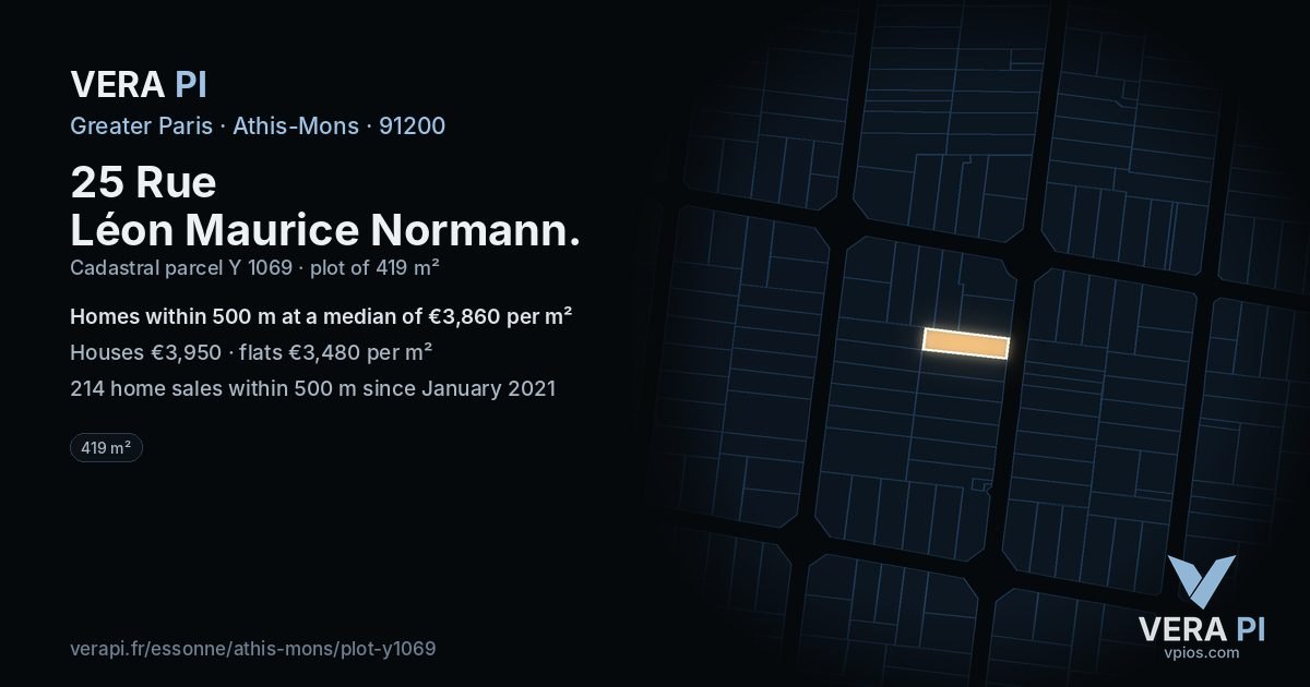 25 Rue Léon Maurice Normann, Athis-Mons at night – the plot lit, the parcels around coloured by the prices near them
