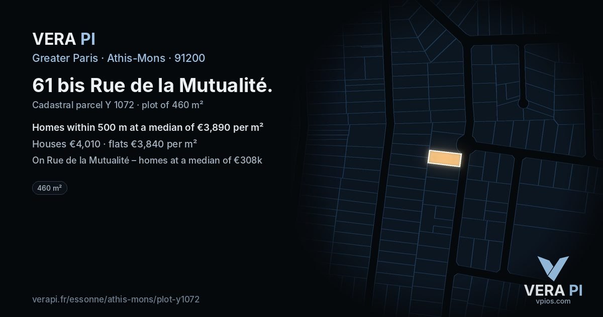 61 bis Rue de la Mutualité, Athis-Mons at night – the plot lit, the parcels around coloured by the prices near them
