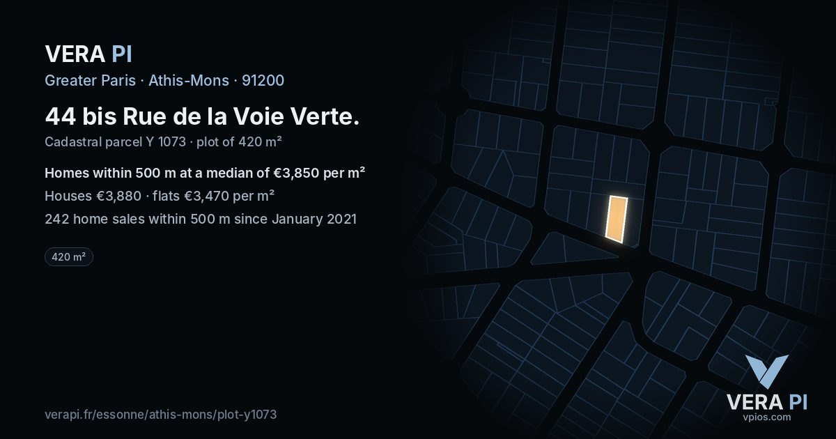 44 bis Rue de la Voie Verte, Athis-Mons at night – the plot lit, the parcels around coloured by the prices near them