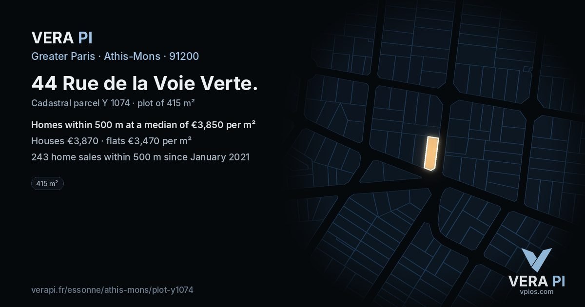 44 Rue de la Voie Verte, Athis-Mons at night – the plot lit, the parcels around coloured by the prices near them