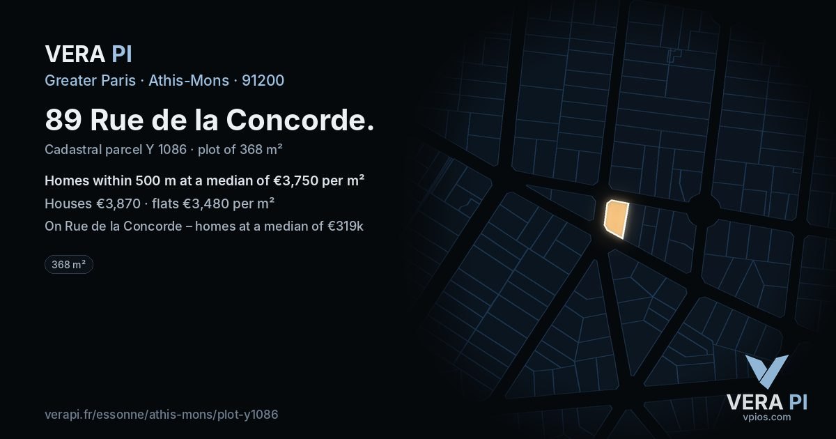 89 Rue de la Concorde, Athis-Mons at night – the plot lit, the parcels around coloured by the prices near them