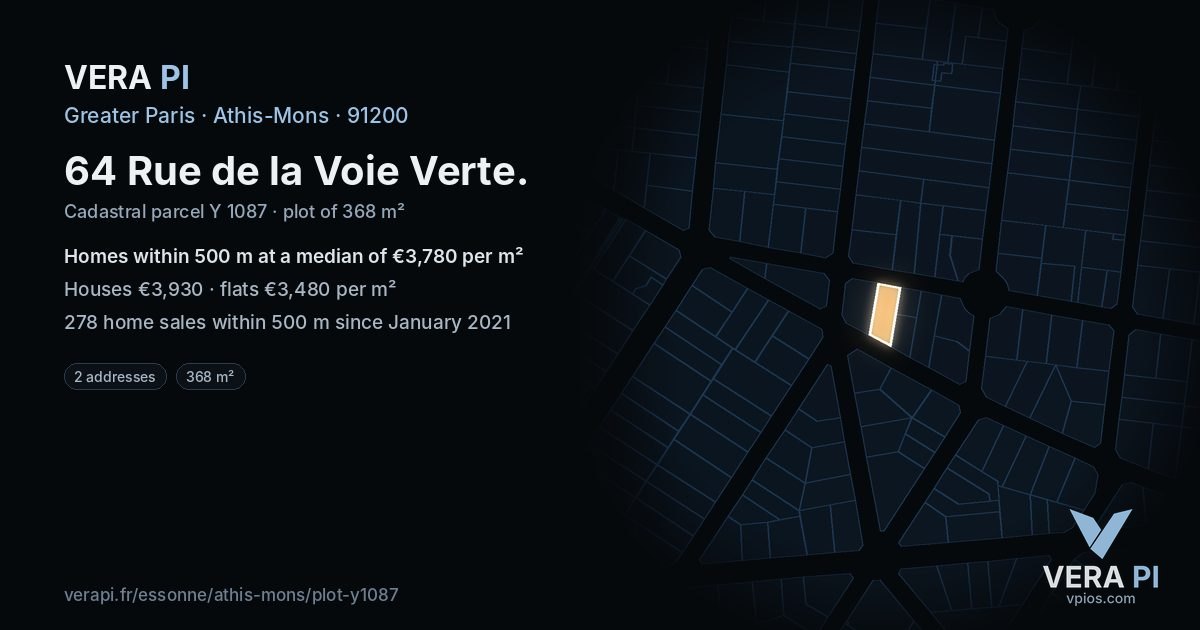64 Rue de la Voie Verte, Athis-Mons at night – the plot lit, the parcels around coloured by the prices near them