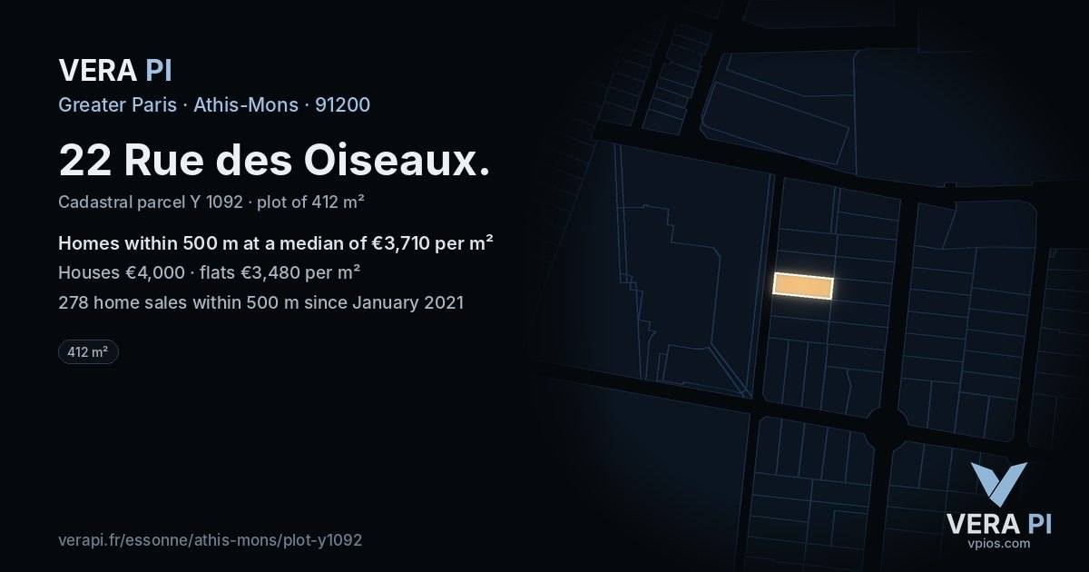 22 Rue des Oiseaux, Athis-Mons at night – the plot lit, the parcels around coloured by the prices near them