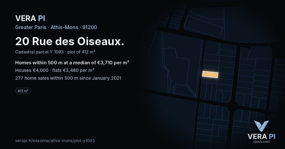 20 Rue des Oiseaux, Athis-Mons at night – the plot lit, the parcels around coloured by the prices near them