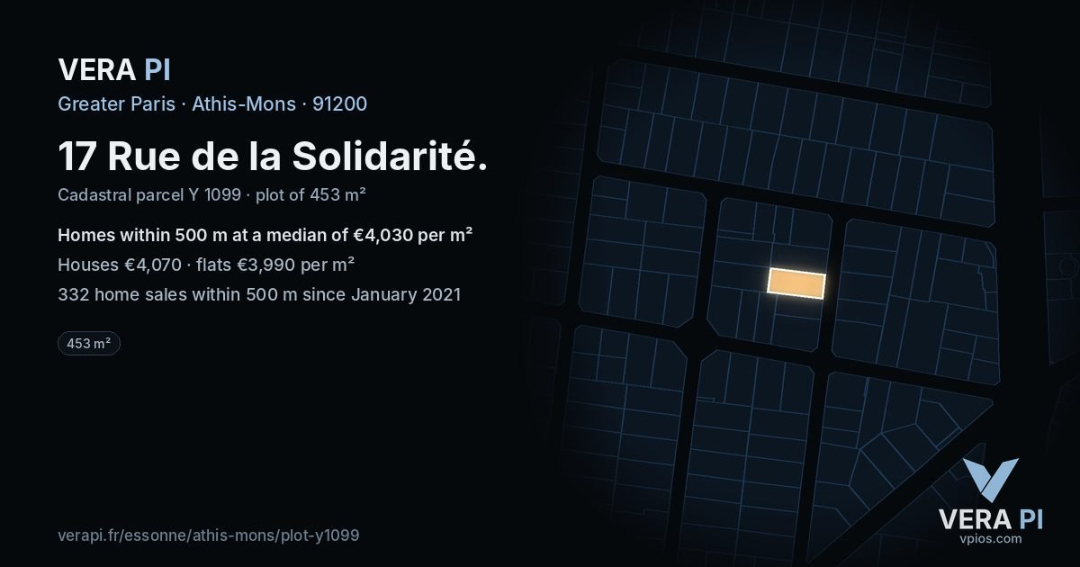 17 Rue de la Solidarité, Athis-Mons at night – the plot lit, the parcels around coloured by the prices near them
