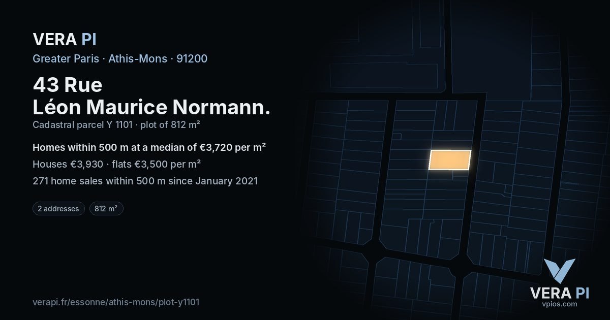43 Rue Léon Maurice Normann, Athis-Mons at night – the plot lit, the parcels around coloured by the prices near them