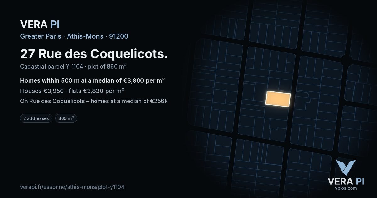 27 Rue des Coquelicots, Athis-Mons at night – the plot lit, the parcels around coloured by the prices near them