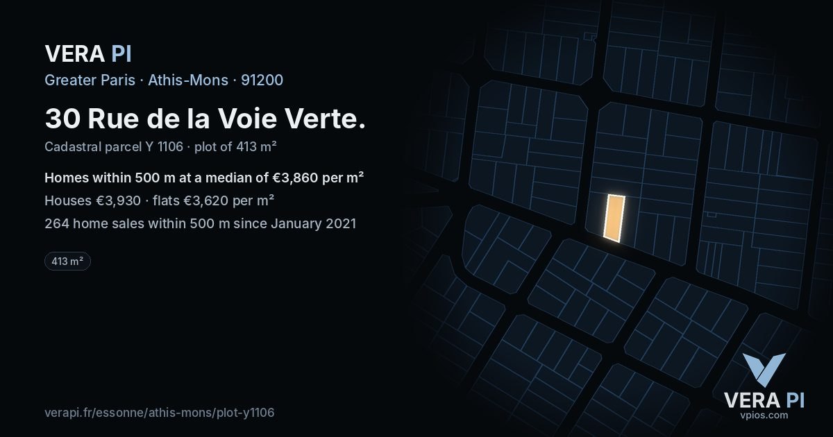 30 Rue de la Voie Verte, Athis-Mons at night – the plot lit, the parcels around coloured by the prices near them