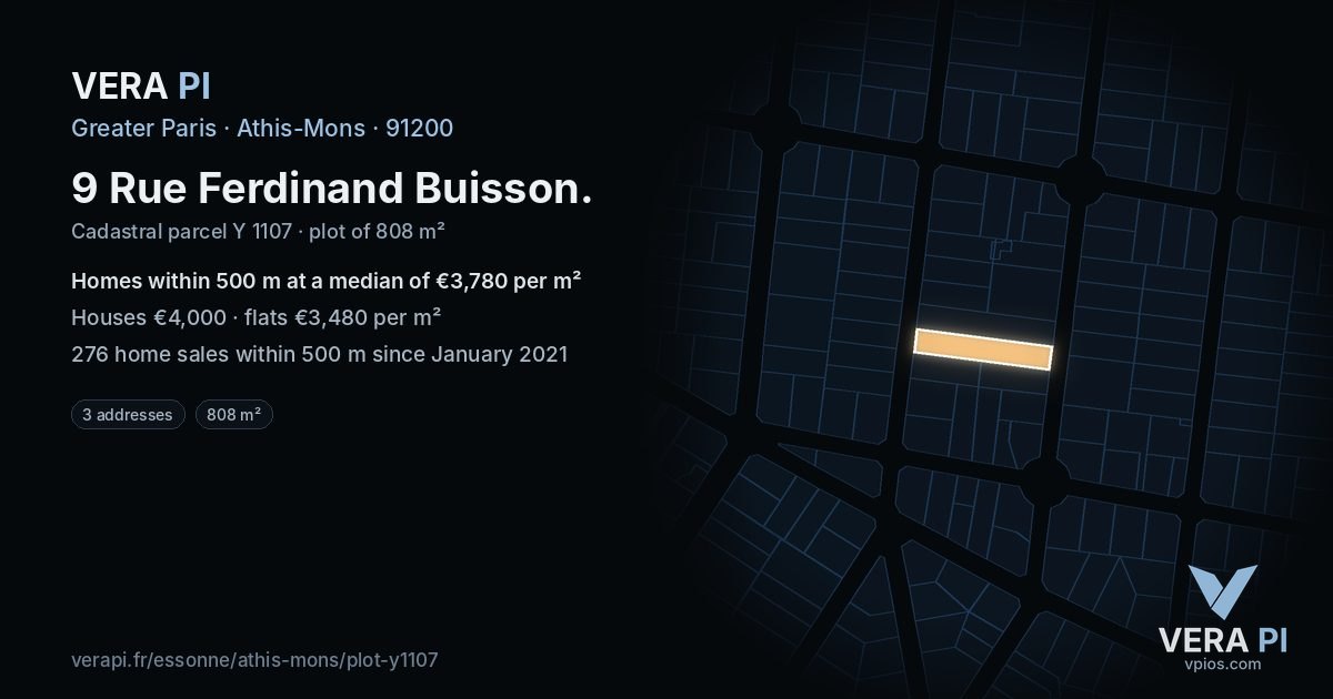 9 Rue Ferdinand Buisson, Athis-Mons at night – the plot lit, the parcels around coloured by the prices near them