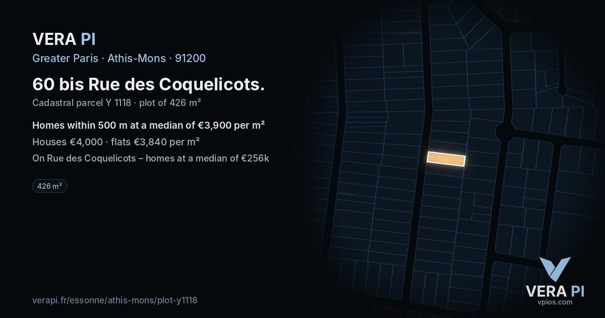 60 bis Rue des Coquelicots, Athis-Mons at night – the plot lit, the parcels around coloured by the prices near them
