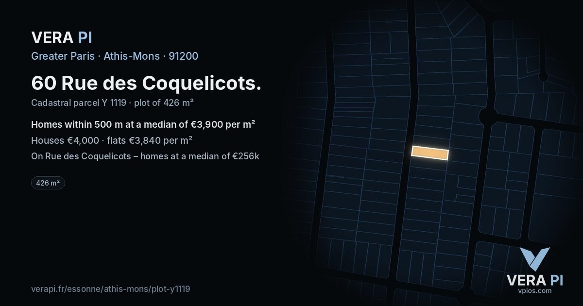 60 Rue des Coquelicots, Athis-Mons at night – the plot lit, the parcels around coloured by the prices near them