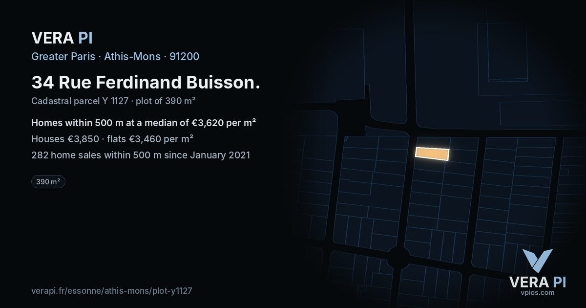 34 Rue Ferdinand Buisson, Athis-Mons at night – the plot lit, the parcels around coloured by the prices near them