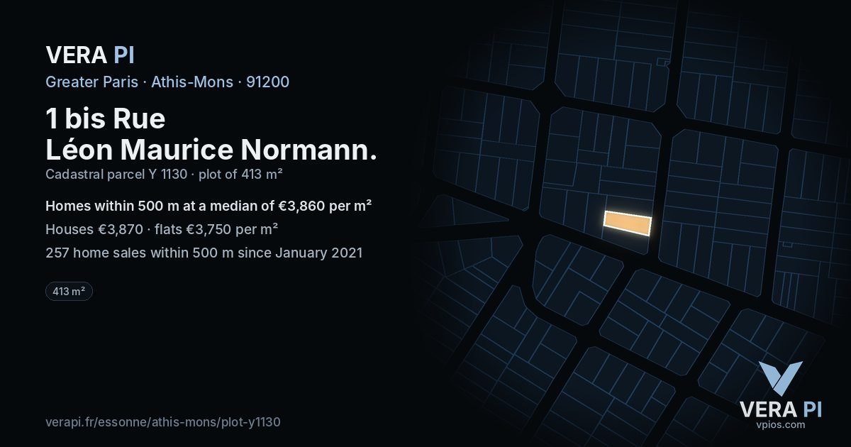 1 bis Rue Léon Maurice Normann, Athis-Mons at night – the plot lit, the parcels around coloured by the prices near them
