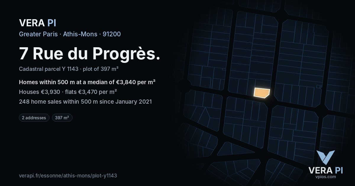 7 Rue du Progrès, Athis-Mons at night – the plot lit, the parcels around coloured by the prices near them
