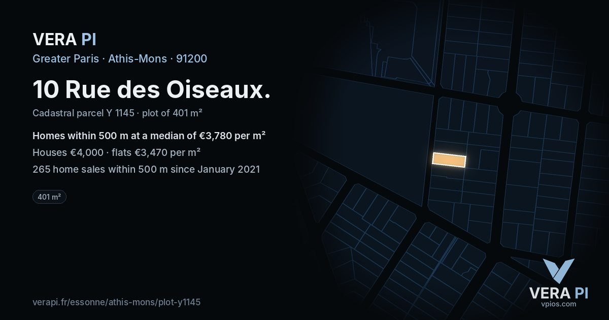 10 Rue des Oiseaux, Athis-Mons at night – the plot lit, the parcels around coloured by the prices near them