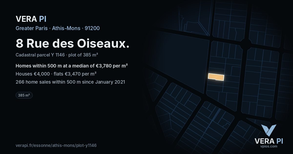8 Rue des Oiseaux, Athis-Mons at night – the plot lit, the parcels around coloured by the prices near them