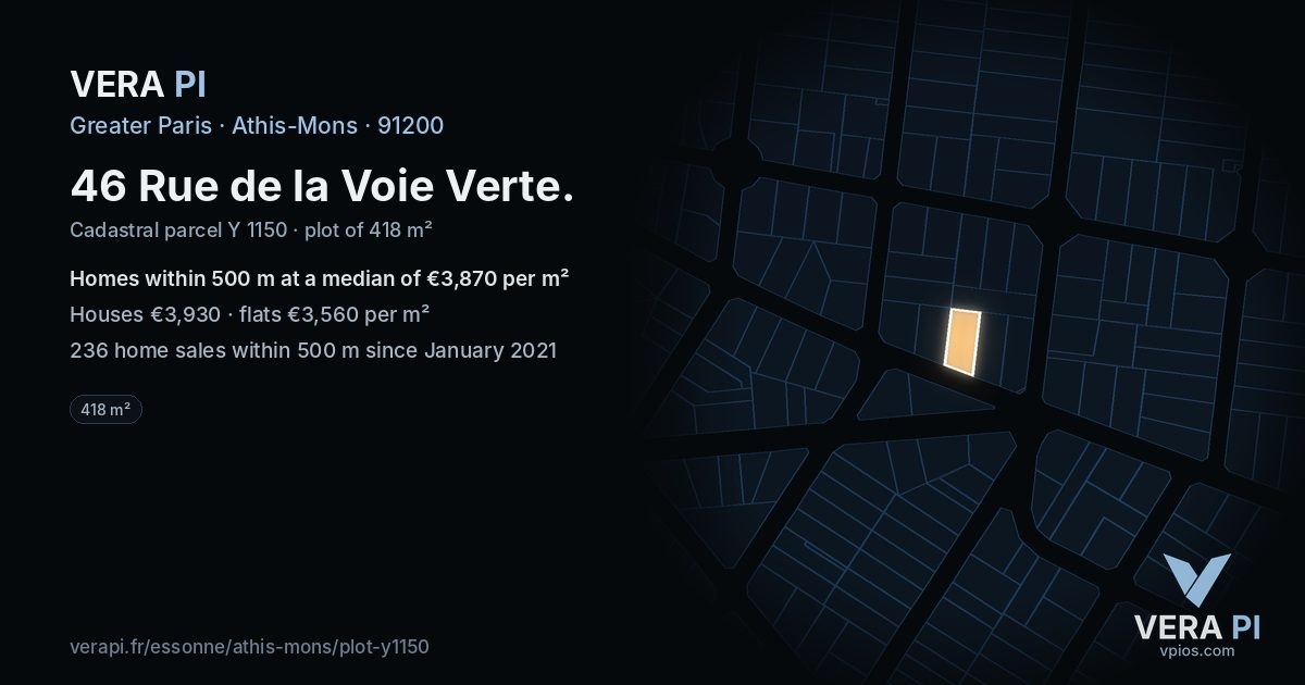 46 Rue de la Voie Verte, Athis-Mons at night – the plot lit, the parcels around coloured by the prices near them